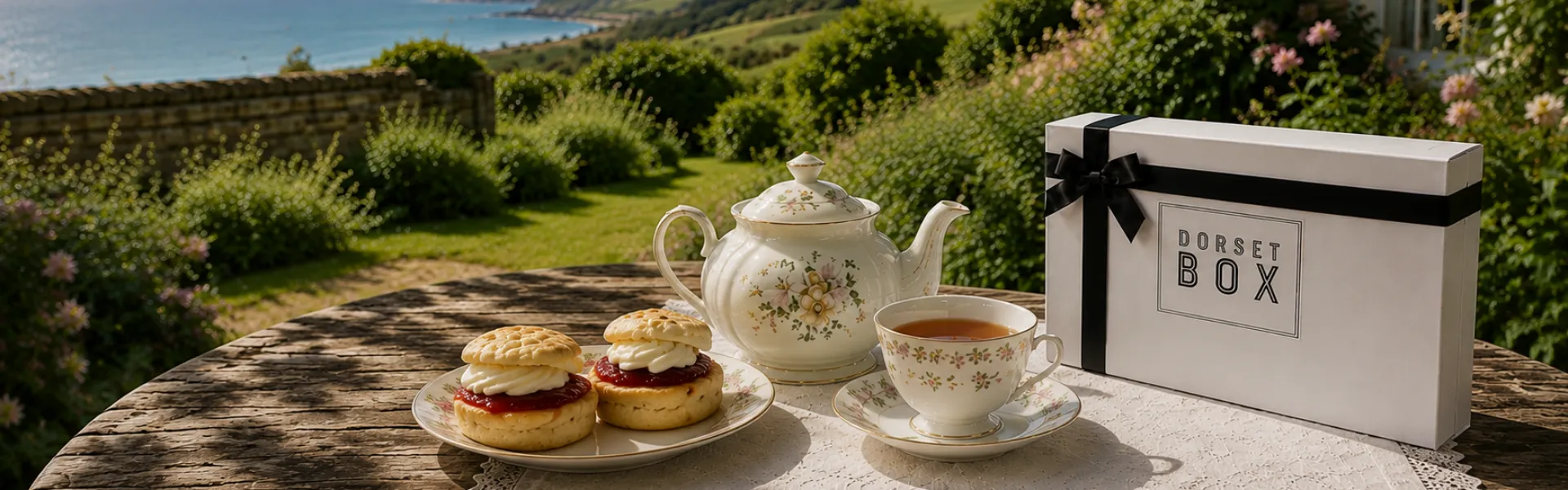 Dorset cream tea in an English country garden Dorset cream tea in an English country garden