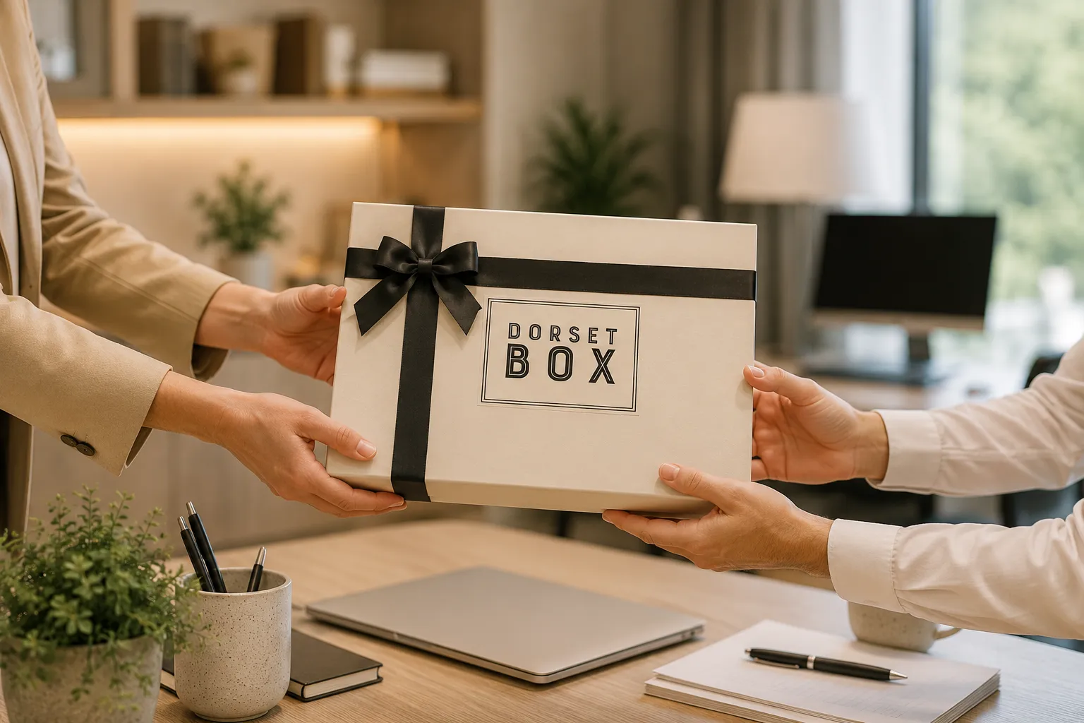 Hands handing over a Dorset Bos as a corporate gift